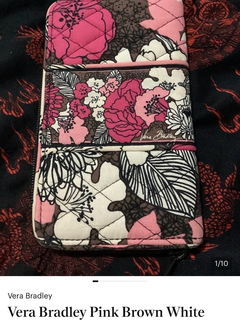 Vera Bradley Floral Zip Around Wallet Pink Brown White Quilted Cotton Organizer
